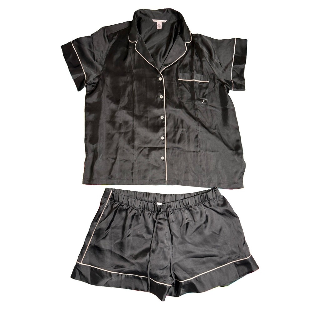 Victoria's Secret Signature Satin Short Pajama Set Jacquard Black Size Large EUC - Picture 6 of 6